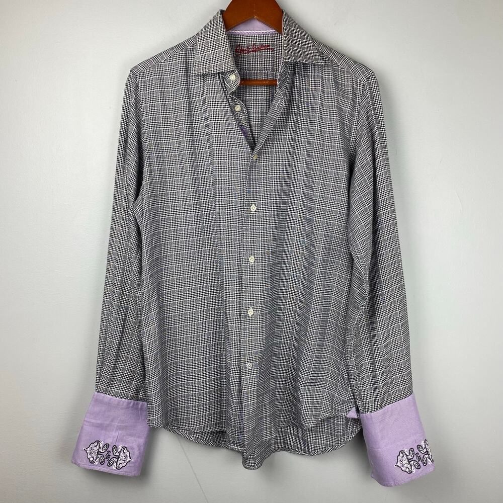 Robert Graham Black White Check Dress Shirt Purple French Cuffs 15 1/2 Medium